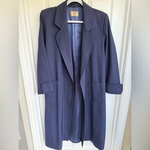 Vintage Nordstrom 100% Wool Navy Long Open Front Trench Coat